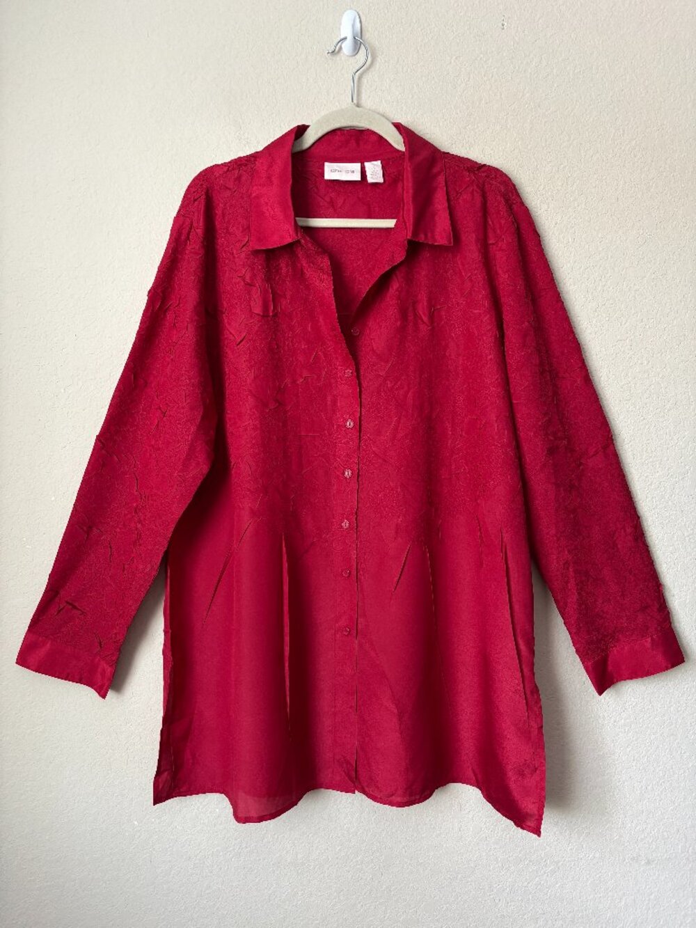 Chico's XL Crinkle Textured Longline Button Up Tunic Shirt